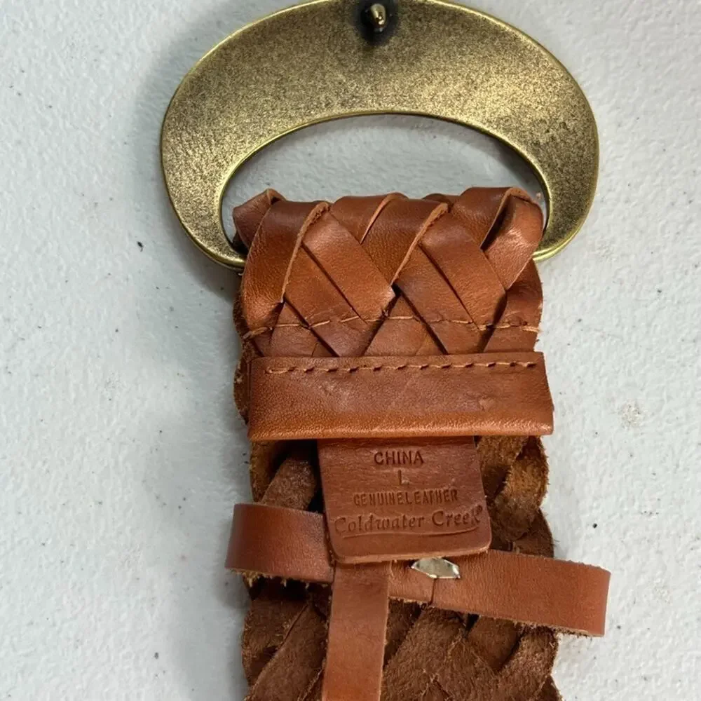 Coldwater Creek Braided Belt Women's L Brown Leather With Hammered Brass Buckle